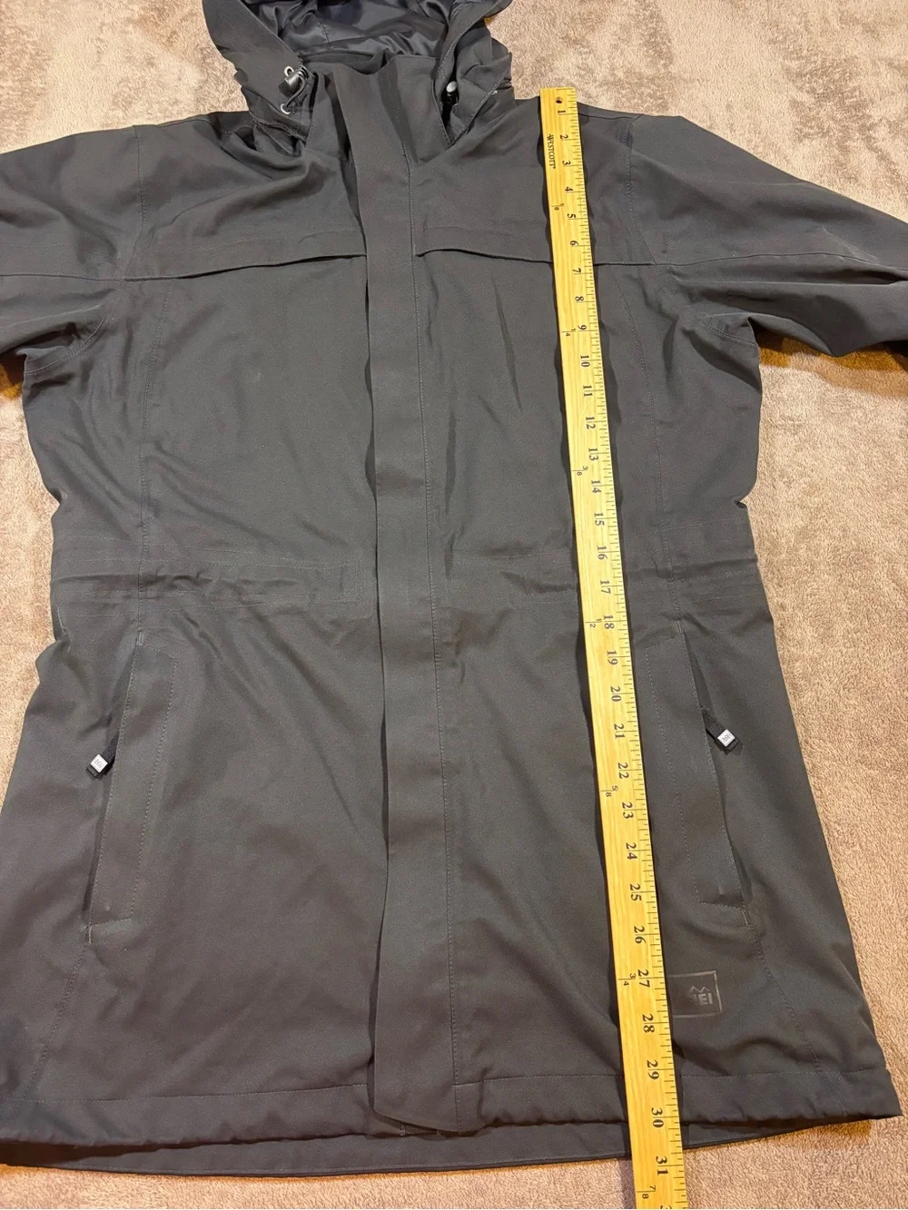 REI Elements Black Full Zip Hooded Rain Jacket Womens Medium Removable Hood